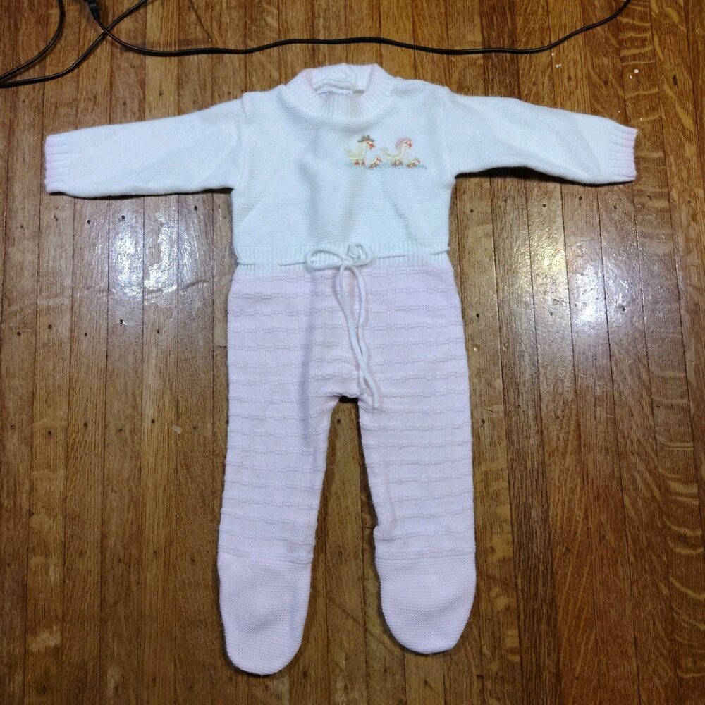 VTG Knitted One Piece Footed Duck Embroidered Outfit Girls Size 6m/T10